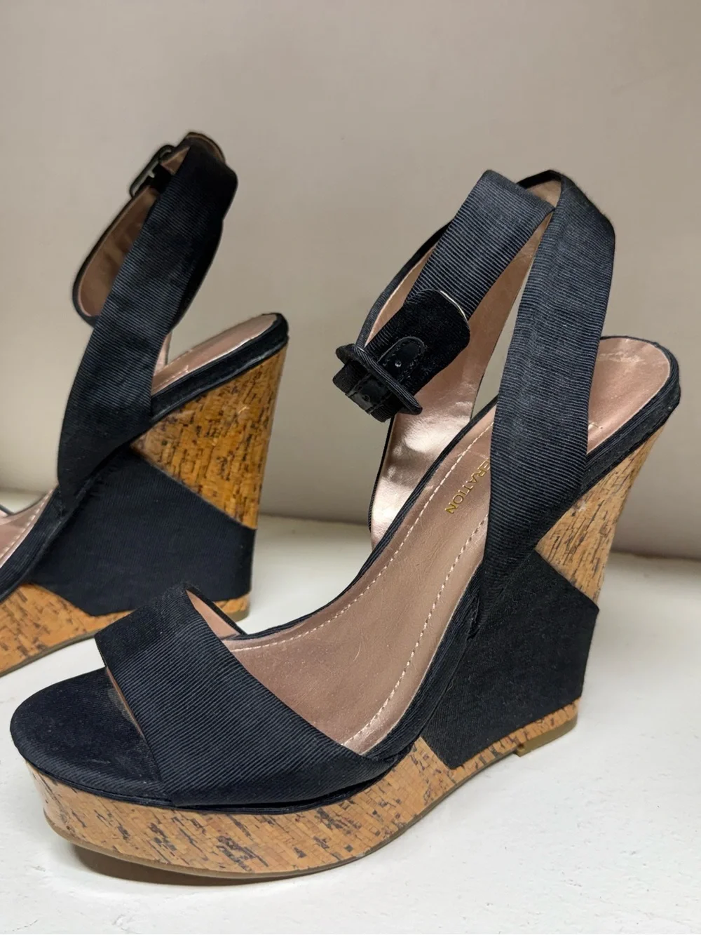 BCBGeneration Black Cork Platform Ankle-Strap Sandals